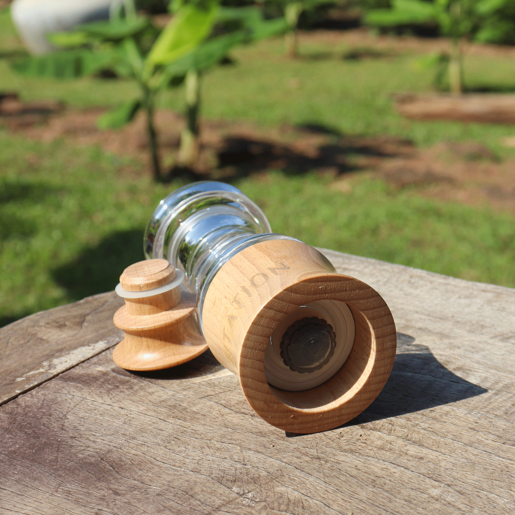 moulin à poivre et couvercle sur une surface en bois