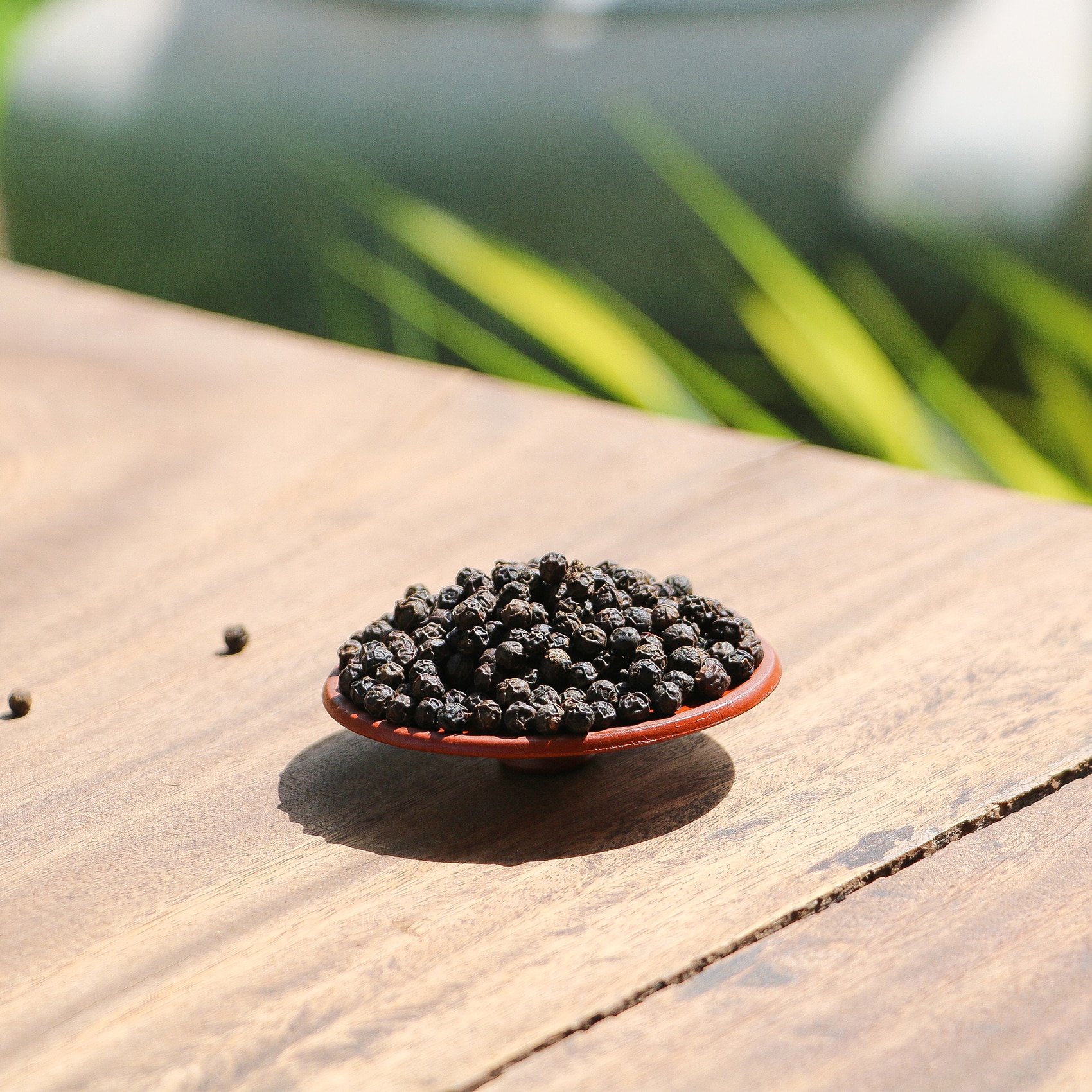 grains de poivres de Kampot sur une surface en bois