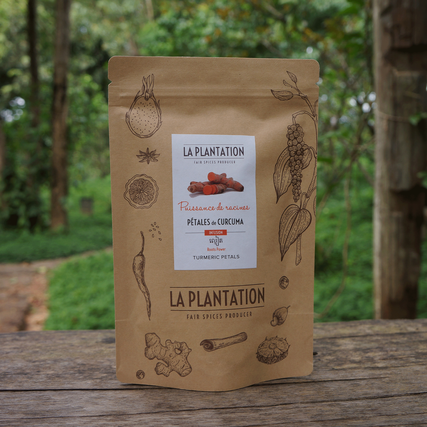 paquet d'écorces de curcuma déshydratées fermeture zip