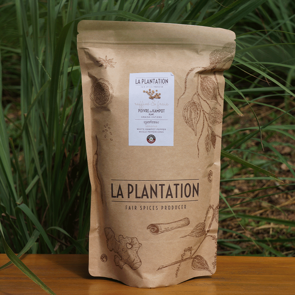 poivre blanc de Kampot dans un sac kraft