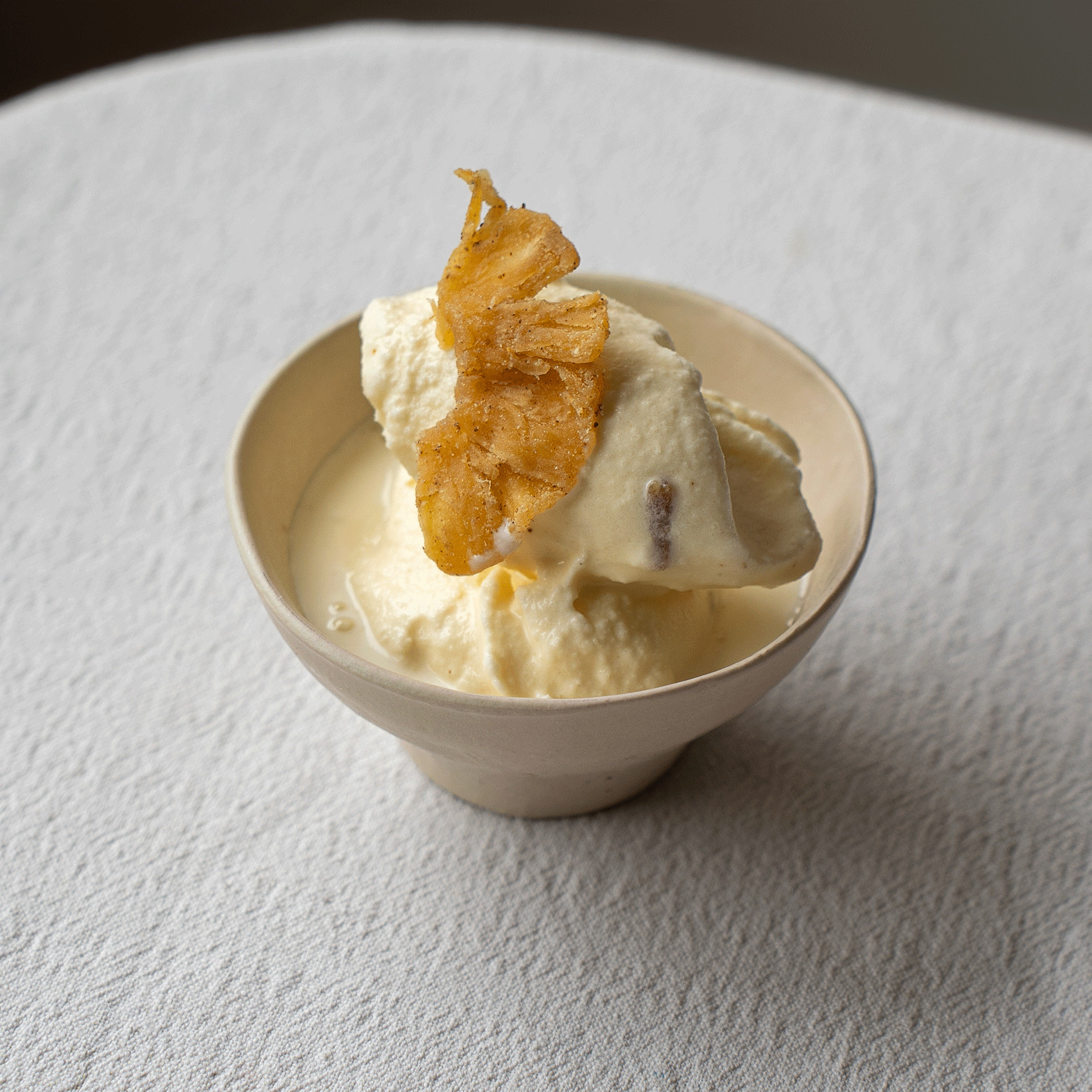 sorbet vanille avec tranches d'ananas séché