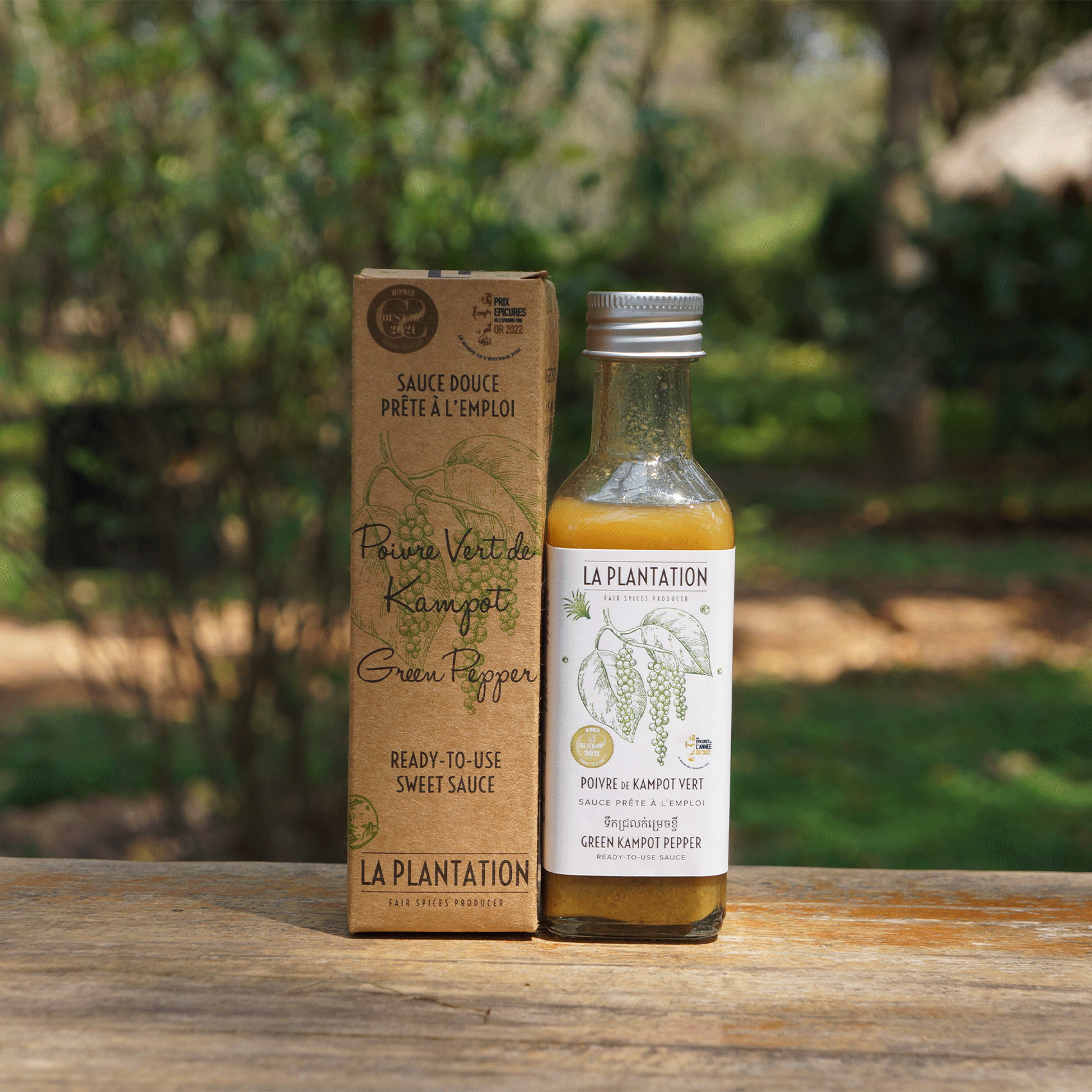 bouteille de sauce poivre de kampot vert et son emballage