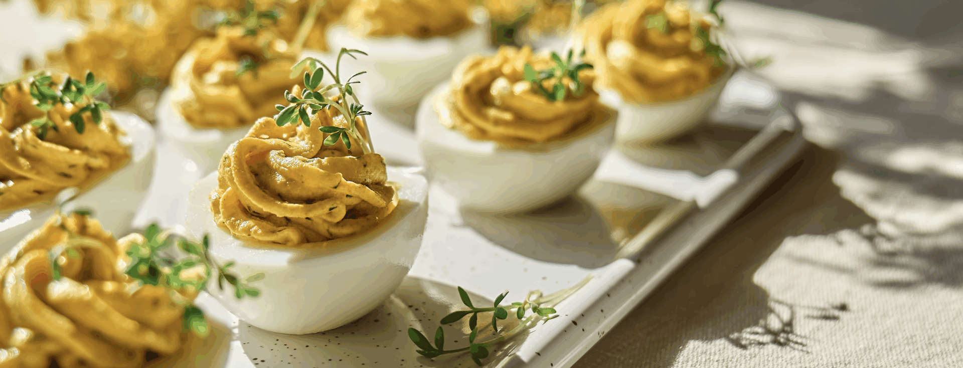 préparation d'oeuf mimosa alignés sur un plateau