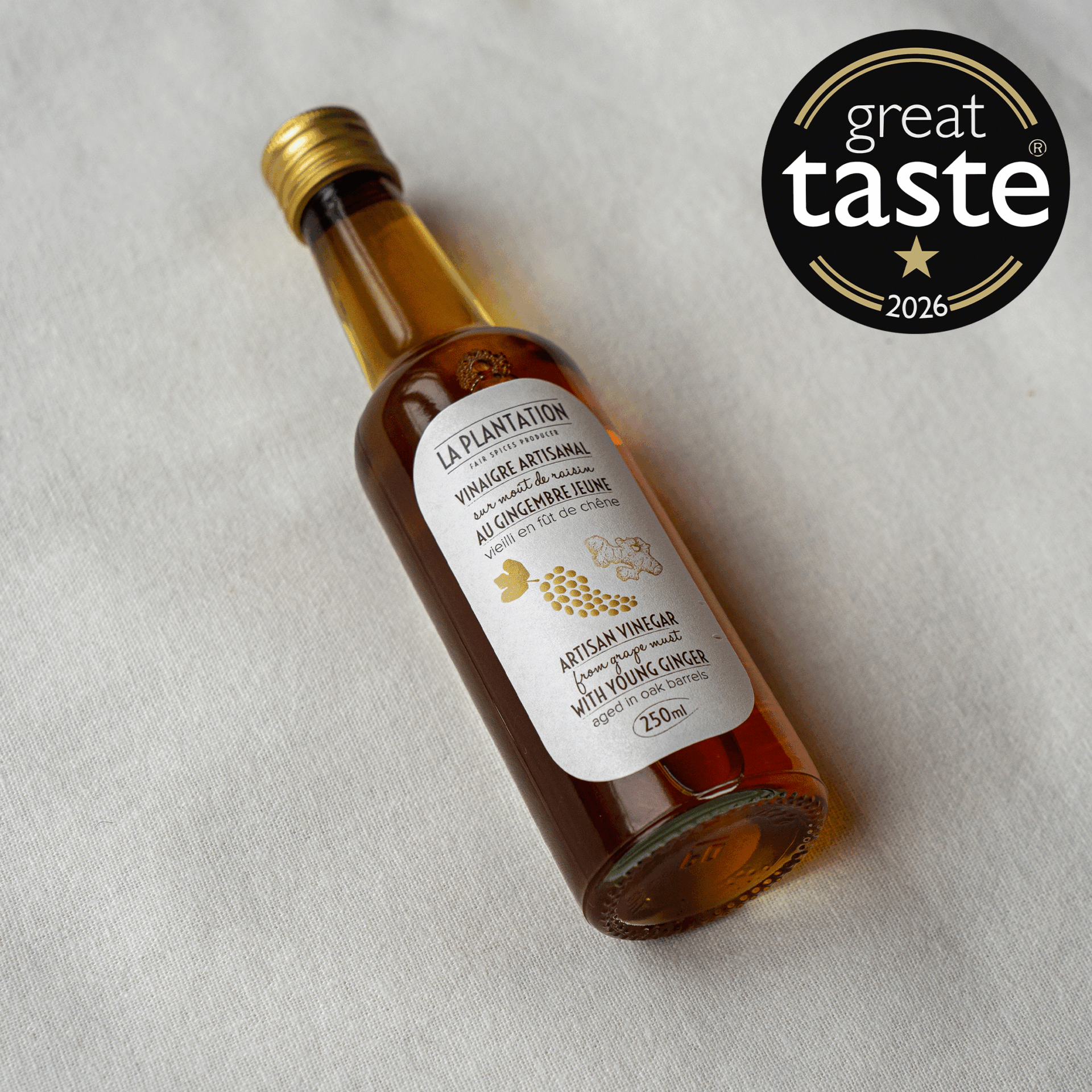 bouteille de vinaigre au gingembre avec logo great taste