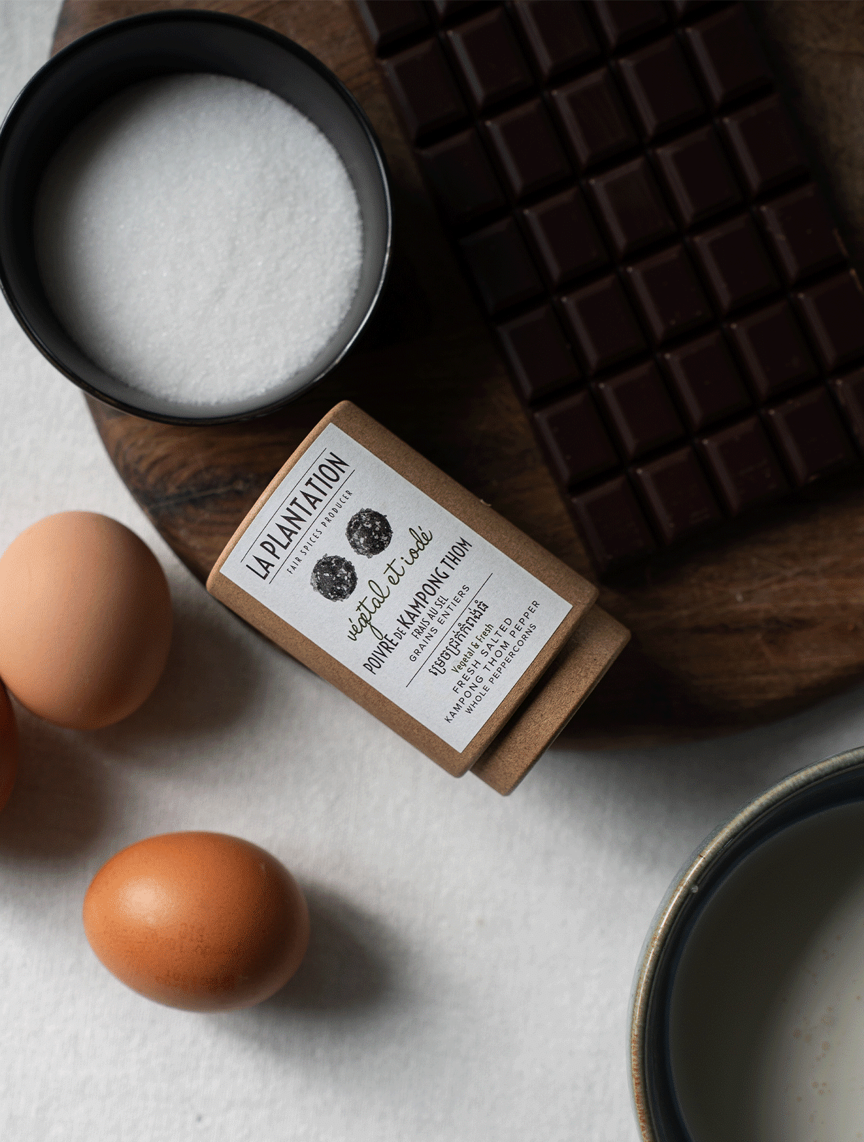 Poivre de Kampong Thom Frais au Sel, chocolat, oeuf et sucre