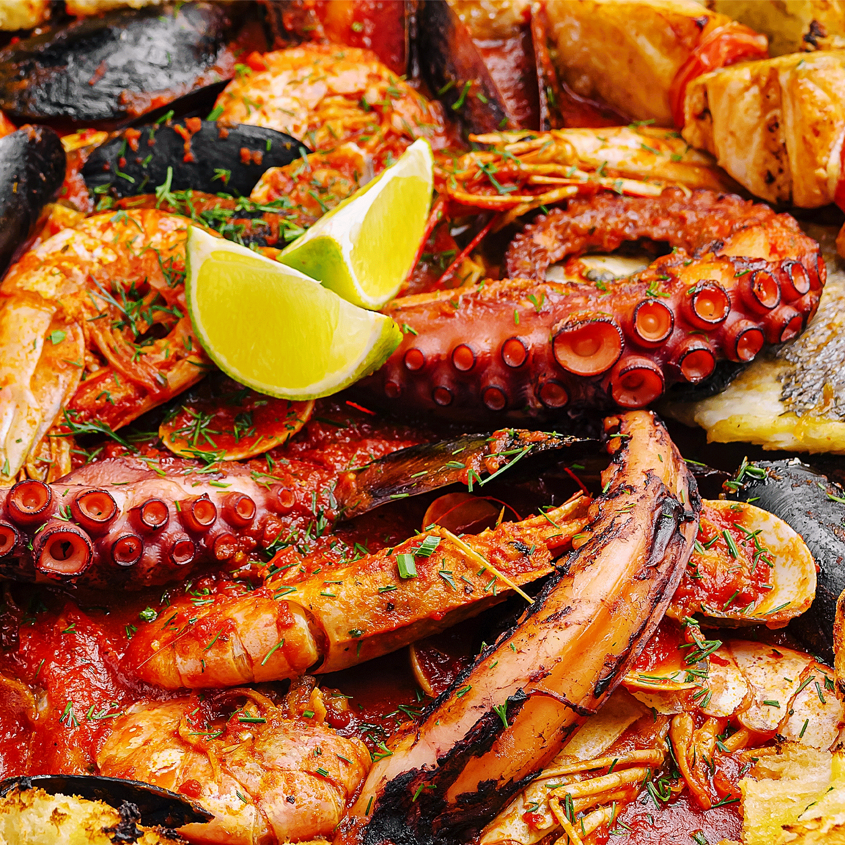 crustacées et poulpes grillées au citron