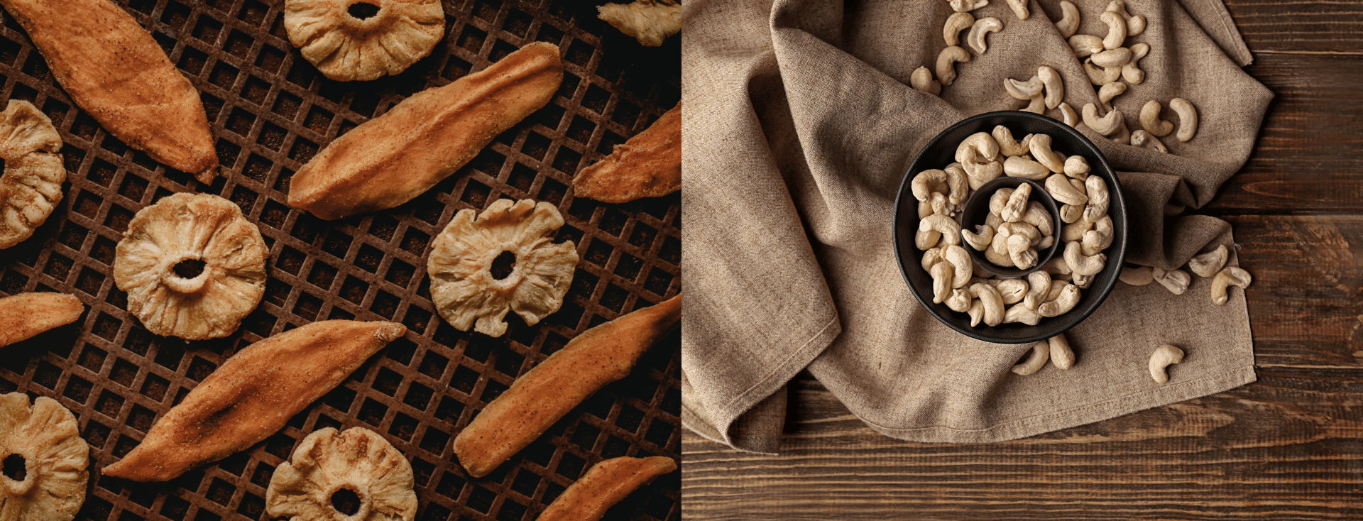 fruits séchés et noix de cajou éparpillées