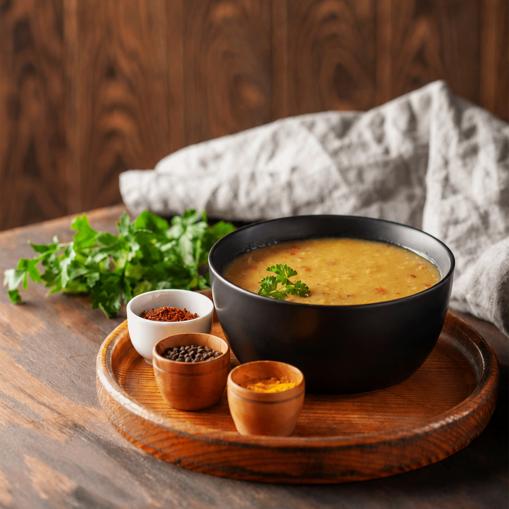 soupes de lentilles et pots d'épices en poudre